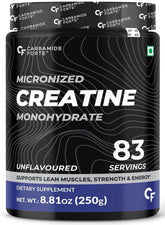 CARBAMIDE FORTE Micronized Creatine Monohydrate Powder in an 83-serving container for muscle strength